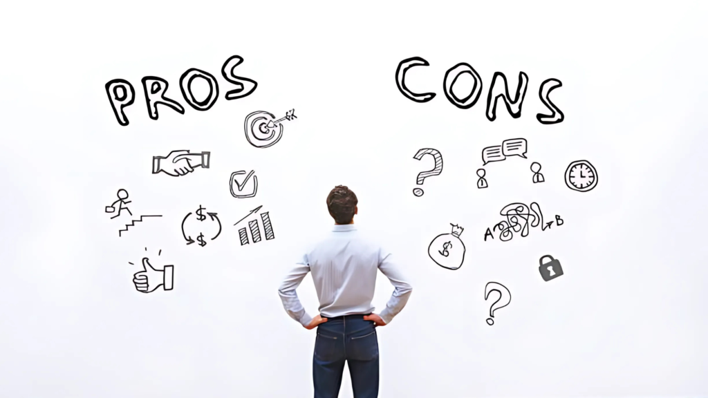 Business professional analyzing pros and cons of different investment apps.